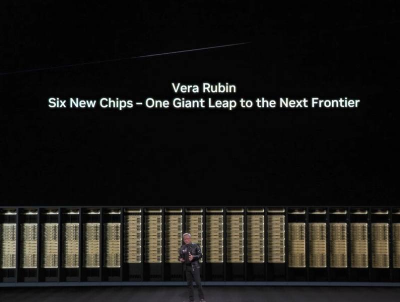 CES演講中，黃仁勳發表新一代AI超級電腦Vera Rubin平台。（圖取自NVIDIA YouTube網頁youtube.com）