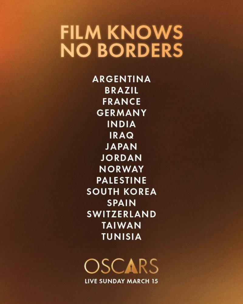 美國影藝學院5日在多個社群平台貼文，列出15部作品的出產國家，Taiwan與各國並列。（圖取自x.com/TheAcademy）