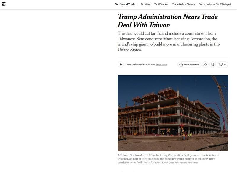 Screeshot from the story from the New York Times (https://www.nytimes.com/2026/01/12/business/economy/trump-taiwan-deal.html)