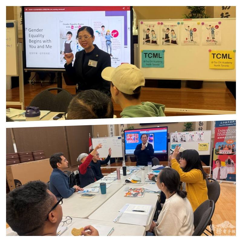 上圖黃淑珍指出學員來自多族裔，同時也提醒大家尊重性別擁抱多元平等；下圖為資深華語教師黃淑芳負責初級B班課