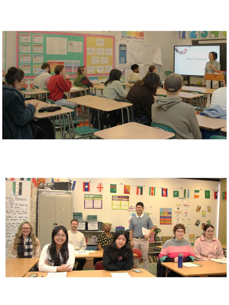 上圖：學習中心主任鄭依婷教導上課情形，下圖：老師周韋辰與初級2班全體學員