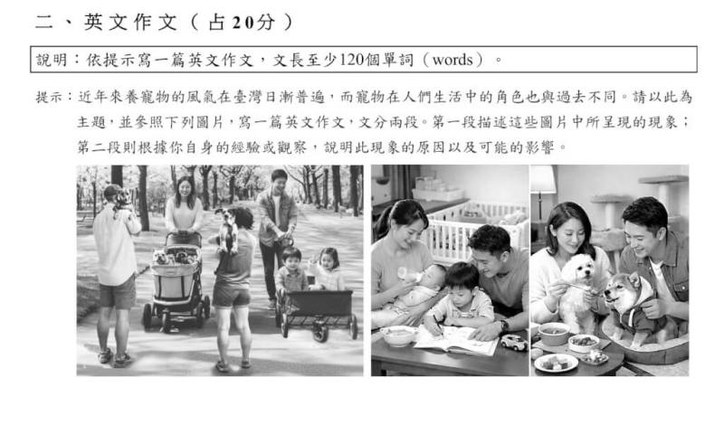 115學年學科能力測驗英文試題，英文作文以台灣養寵物的風氣為主題。（圖取自大考中心網頁ceec.edu.tw）