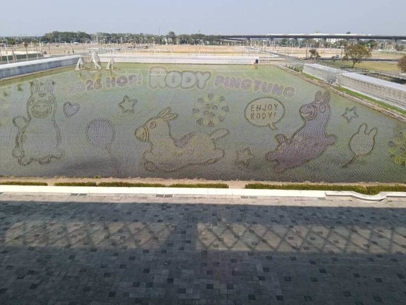 2026屏東熱帶農業博覽會以「2026躍！屏東」為主題，與國際知名童趣角色「跳跳馬RODY」共同展現馬年意象，彩繪稻田區規劃「跳跳馬RODY」圖案，是活動必拍亮點。（屏東縣政府提供）