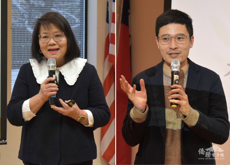 說明會由僑務顧問暨FASCA諮詢導師胡玲玲主持 (左) ，芝加哥文教中心主任雷棋致詞 (右)