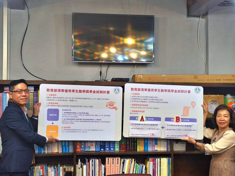 教育部於114學年試辦大專校院清寒優秀學生勵學獎學金，提供8000個名額，教育部技職司長楊玉惠（右）、高教司長廖高賢（左）26日說明計畫內容。中央社記者許秩維攝