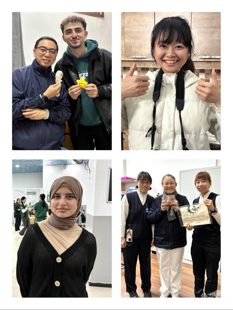 志工哈克勤與慈濟大學教授陳榮光合影(左上)；學生欣儀展現活力笑容(右上)；線上學伴 Shems Alhusein 分享過去經歷(左下)；志工合影(右下)