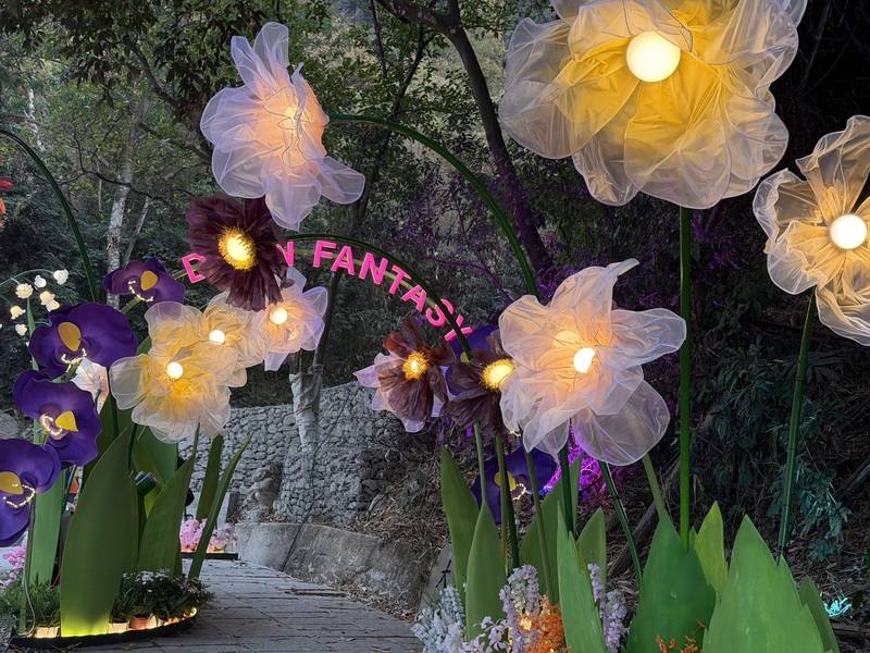 「2026奇幻大津－夜之覺旅」活動5日在屏東縣高樹鄉點燈，吸引遊客夜探光影瀑布之美，感受夜色中大津瀑布絕美風貌。