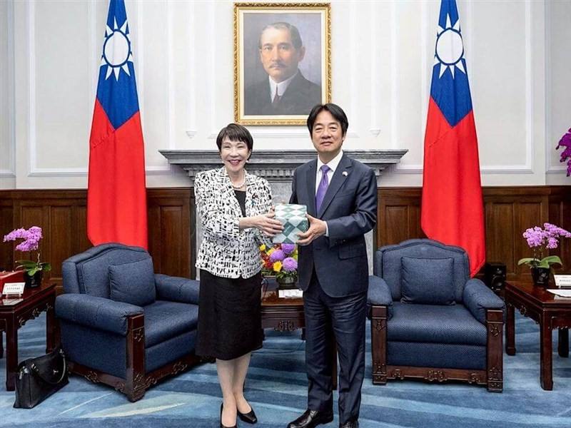 President Lai Ching-te (right) meets Sanae Takaichi at the Presidential Office during her visit to Taiwan in April 2025 as a member of the Japanese Diet. File photo courtesy of the Presidential Office