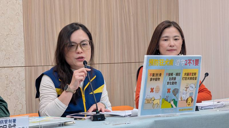 農業部動植物防疫檢疫署科長許家寧（左）10日表示，國內持續監測野生動物狂犬病疫情，民國112年至115年共監測2597件，確診件數137件；今年已有13件鼬獾確診案例，與往年相比未顯著增加。