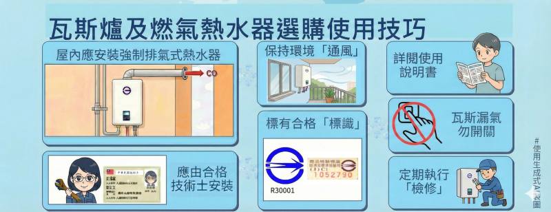 標準局提醒正確使用瓦斯爐及熱水器選購及使用注意事項