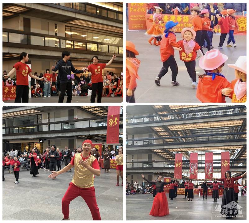 活動表演精采片段：扯鈴表演（左上）、低年級舞蹈〈牛仔很忙〉（右上）、特別來賓夢幻貓咪（左下）、美門教會獻唱（右下）