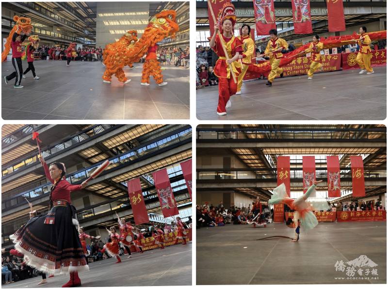 年節氣氛熱烈：舞獅開場（左上）、舞龍表演（右上）、舞蹈班「樂鼓迎春」（左下）、舞蹈班「綜藝大觀」（右下）