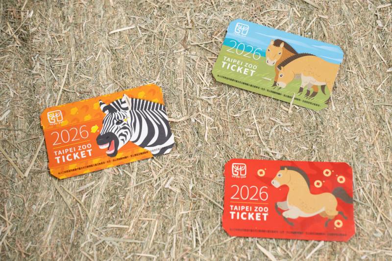 台北市立動物園表示，馬年3款限定門票即日起發行，包含蒙古野馬在廣闊草原上活動的意象、奔騰躍動搭配「春」到圖樣，以及查普曼斑馬嗅聞探索環境時，像是咧嘴燦笑的表情。（台北市立動物園提供）