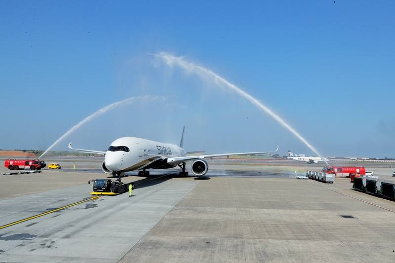 A Starlux Airlines Airbus A350-1000 receives a water salute at Taoyuan International Airport on Tuesday, marking Taiwan's first operation of the aircraft type. CNA photo Feb. 10, 2026