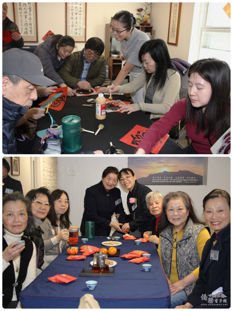 與會者製作春聯(上)；與會貴賓合影(下)