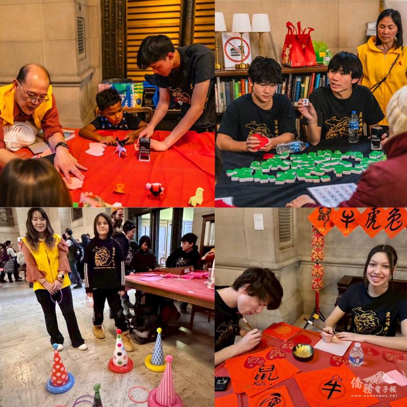 舞獅隊員負責文化工作教學馬年摺紙、麻將賓果、書法站及套圈圈等多元文化活動