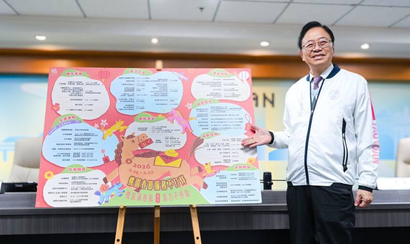 農曆春節將至，桃園市長張善政（圖）11日宣布，春節期間桃園市包含環境清潔、藝文、觀光、運動場館、交通運輸、漁銷動保、醫療食安、社福關懷及市集採買等共9大措施不打烊。（桃園市政府提供）