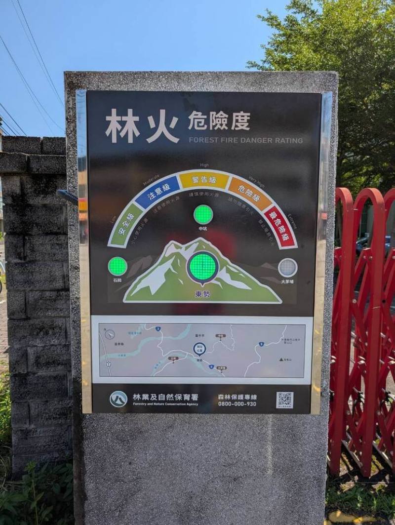 林業及自然保育署台中分署在轄區內建置7座林火氣象觀測站，整合中央氣象署氣象資料與地理資訊系統（GIS），計算林火天氣指數（Fire Weather Index, FWI），即時掌握各地森林火災潛在風險。（林業及自然保育署台中分署提供）