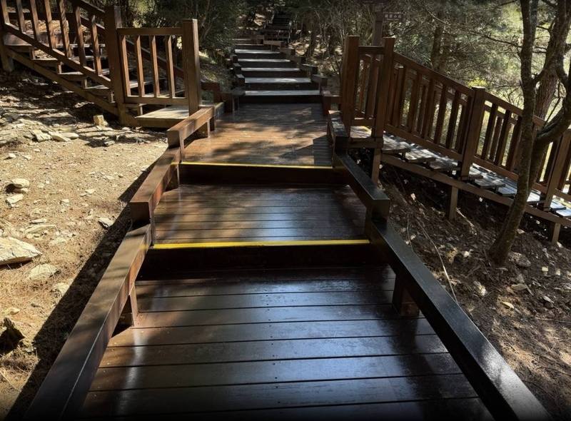 雪霸國家公園管理處13日指出，觀霧遊憩區「雲霧步道」修繕工程已全數完工，14日起全線開放。（雪管處提供）