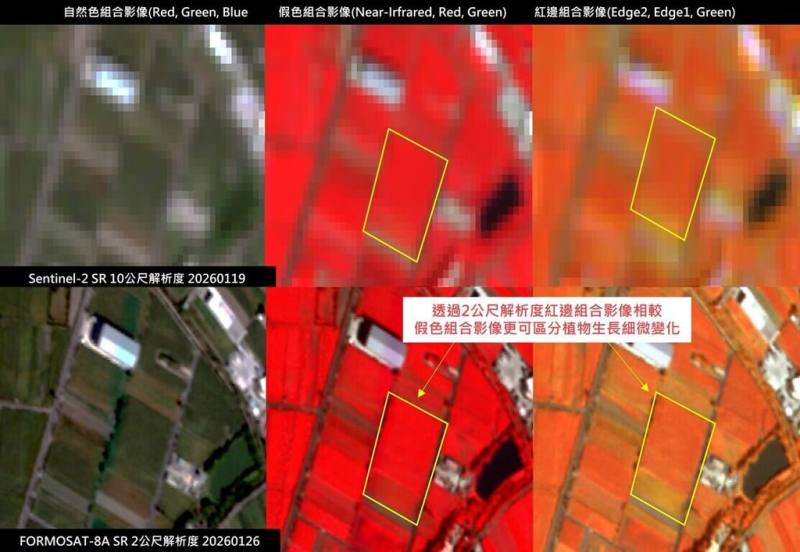 國家太空中心說明，福衛八號的主要任務是光學遙測取像，更能取得全球解析度最高的紅邊（Red Edge-1與Red Edge-2）波段影像；透過2公尺解析度紅邊組合影像能更清楚區分植物生長變化。（國家太空中心提供）