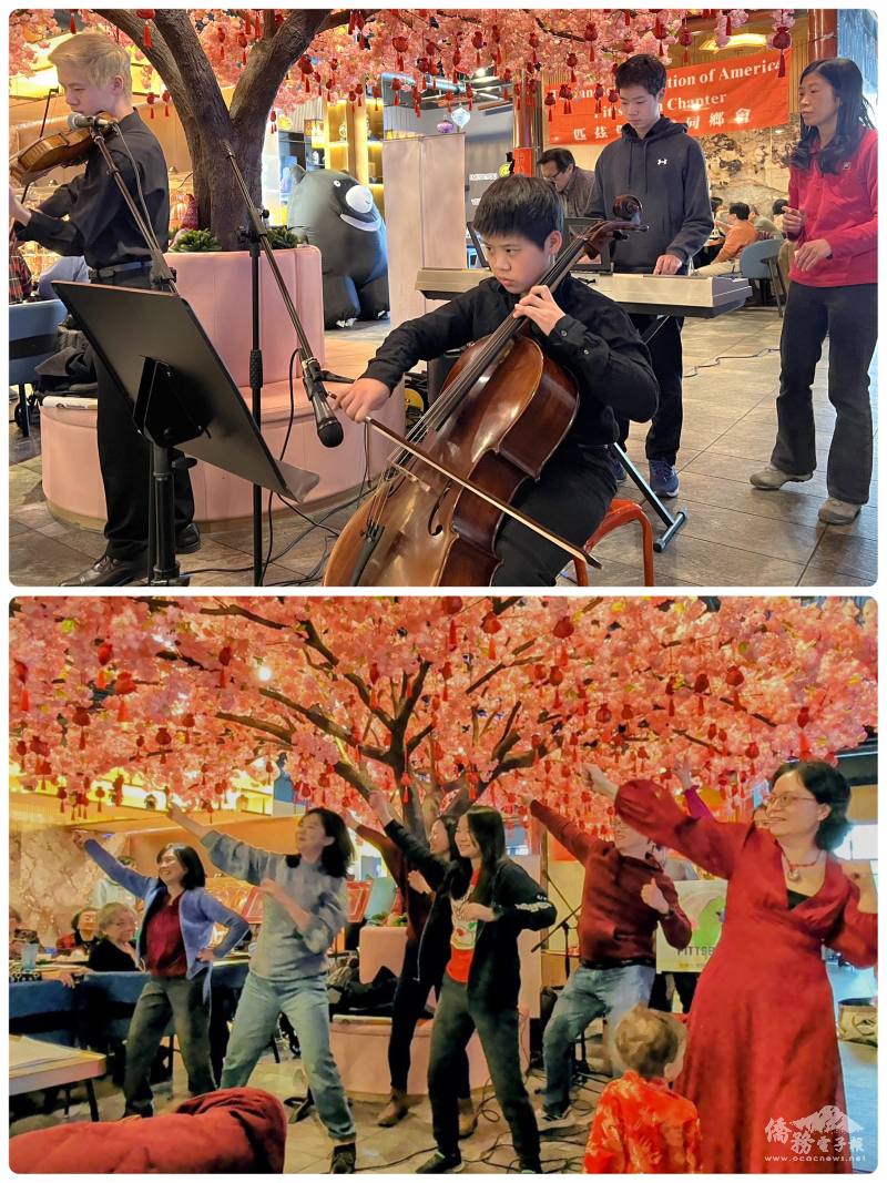 上圖：三重奏，朱繼聖（前左1）、朱繼光（前右1），朱繼恩（後左1），媽媽張靜怡（後右1），
下圖:  林淑儀(（前左2）領銜捧球應援曲「再出發」帶動唱