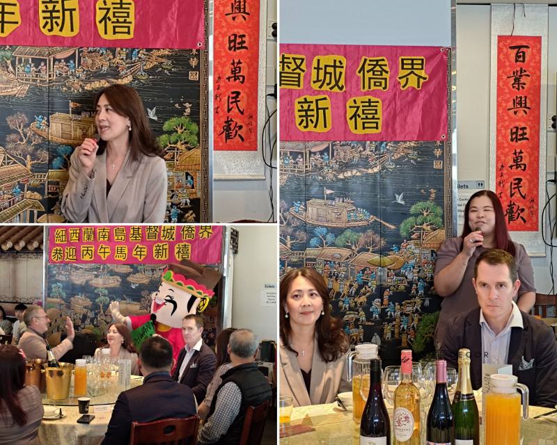 歐江安大使致詞(左上)，華興協會會長許凱舒致詞(右)