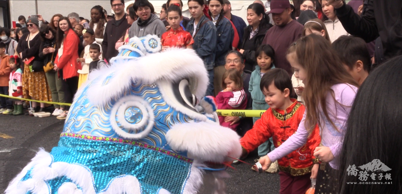 孩童們餵食舞獅紅包，象徵新的一年好運