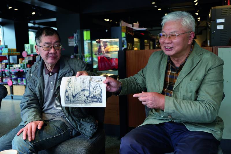 The brothers hold up a photocopy of a drawing, recalling that when Shu-ching was born, Shu-sen was there to witness his mother’s difficult labor.