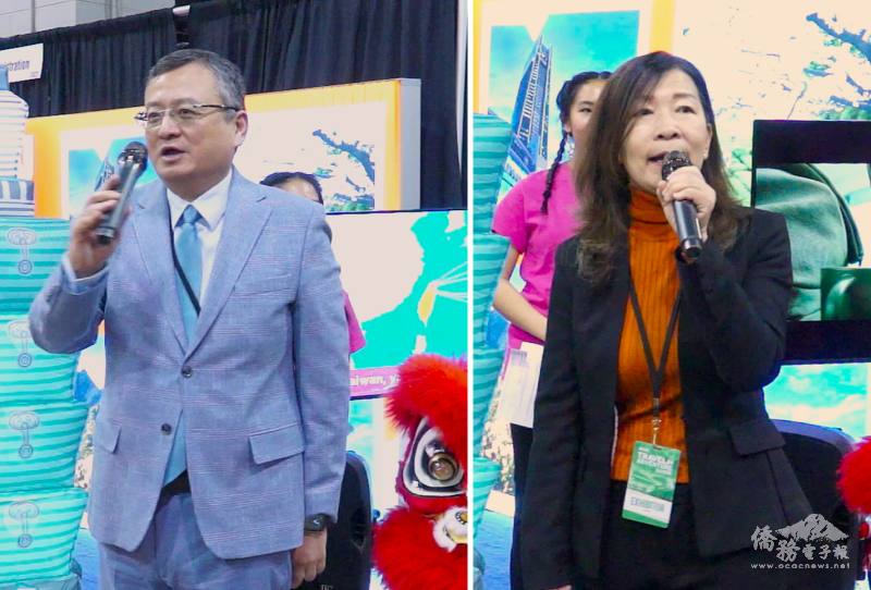 駐芝加哥辦事處處長類延峰 (左) 及觀光署紐約辦事處主任莊靜真 (右) 於臺灣館開幕式致詞