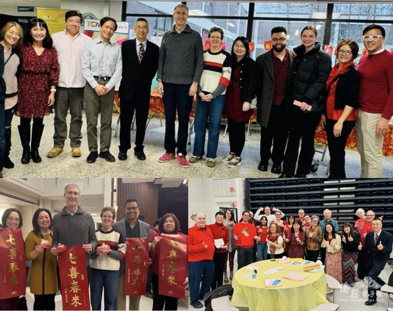 (上) Christopher Taylor市長伉儷、市議員與安娜堡中文學校暨臺灣華語文學習中心行政團隊與董事會合影； (左下) 與會貴賓手持總統府春聯與福袋合影；(右下) TCML主任、師生晚餐前合影