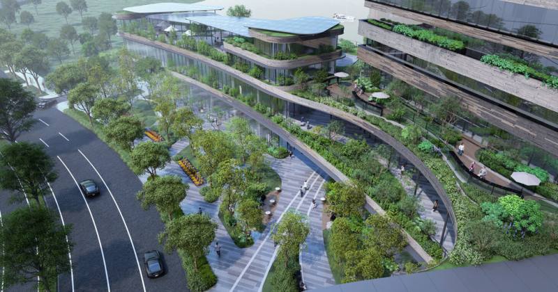 日勝生集團25日宣布，獲選為「高雄捷運R17世運站周邊A5街廓」都市更新事業公開評選案最優申請人，圖為設計示意圖。（日勝生提供）