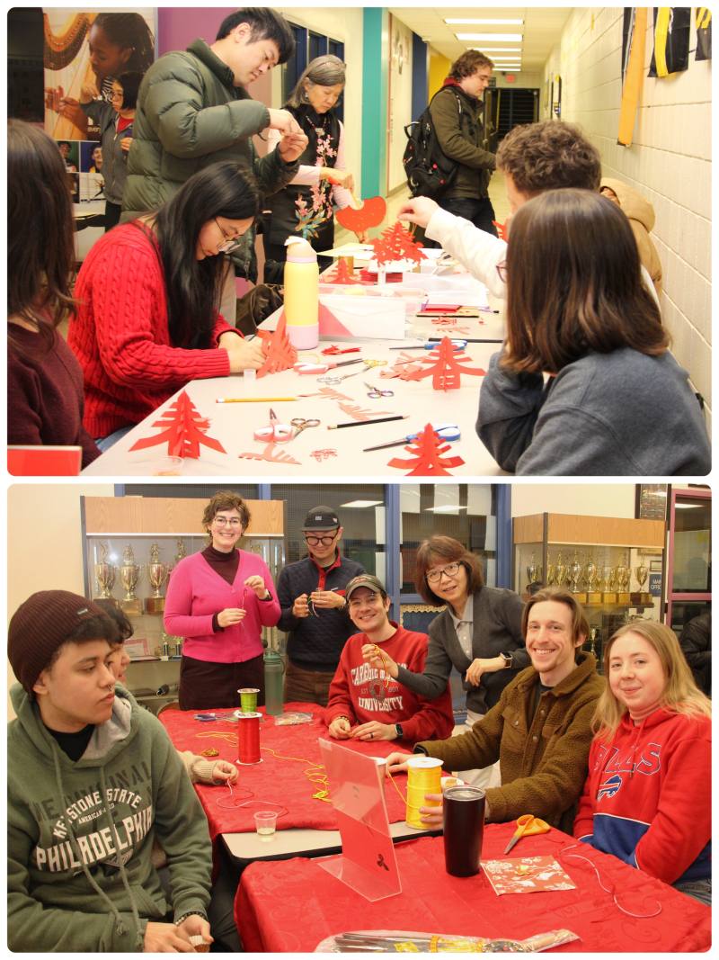 上圖：老師周韋辰（左3立者）帶領「春暖花開」剪紙

下圖；老師張煜芳帶領手作打結「結緣新春」