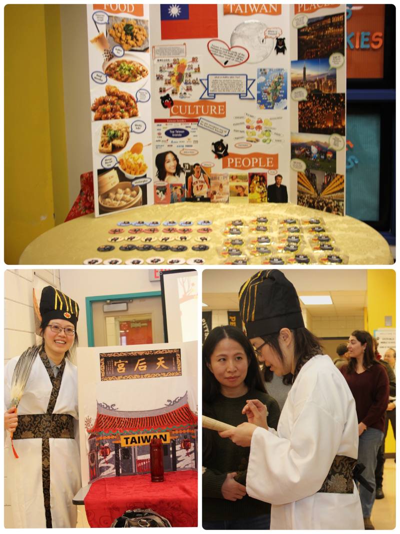 上圖：介紹臺灣的攤位

下2圖：主任鄭依婷身著孔明裝進行趣味開運占卜