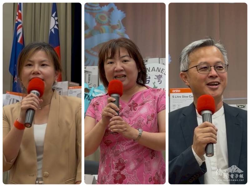 駐奧克蘭辦事處處長陳詠韶(中)、僑務委員施振嘉(左)、理事長林涵婷(右)祝賀鄉親新春新氣象、馬到成功