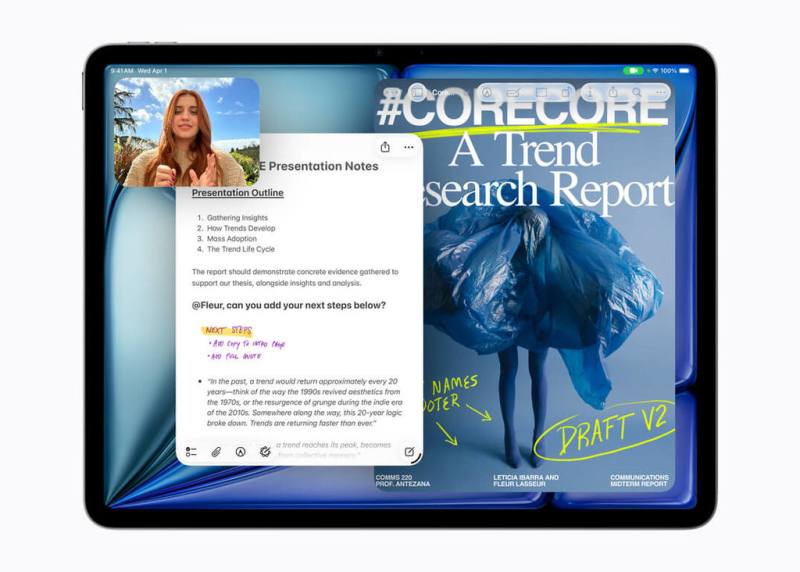 蘋果公司（Apple）2日晚間推出搭載自研晶片M4的新款平板電腦iPad Air，配備更大的記憶體、更快的中央處理器（CPU）與繪圖處理器（GPU），效能較前一代提升30%。（蘋果提供）