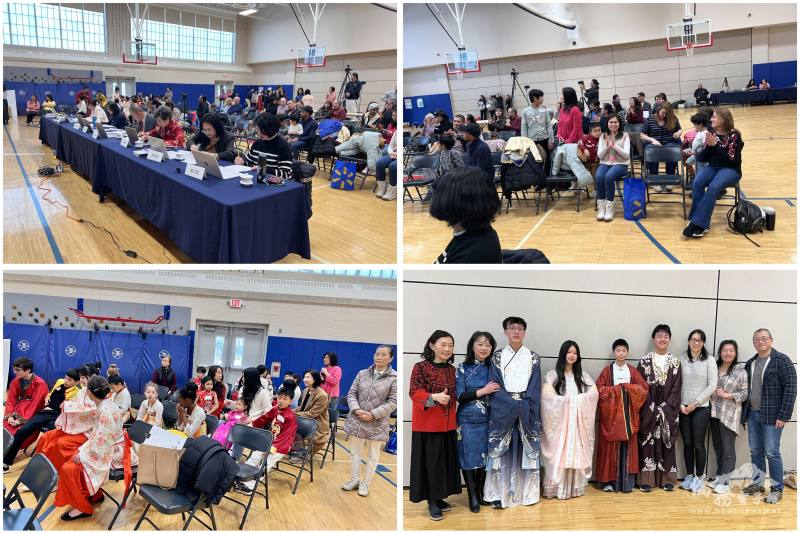 評審(左上)對學生表現給予高度肯定，參賽者(左下)等待上場，英華家長(右上)、梅山家長(右下)現場觀戰