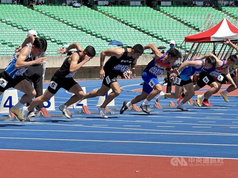 2026港都盃全國田徑錦標賽持續在高雄國家體育場展開各項賽程，台灣男子短跑好手陳玟溥（左3）2日在男子100公尺決賽勇奪金牌