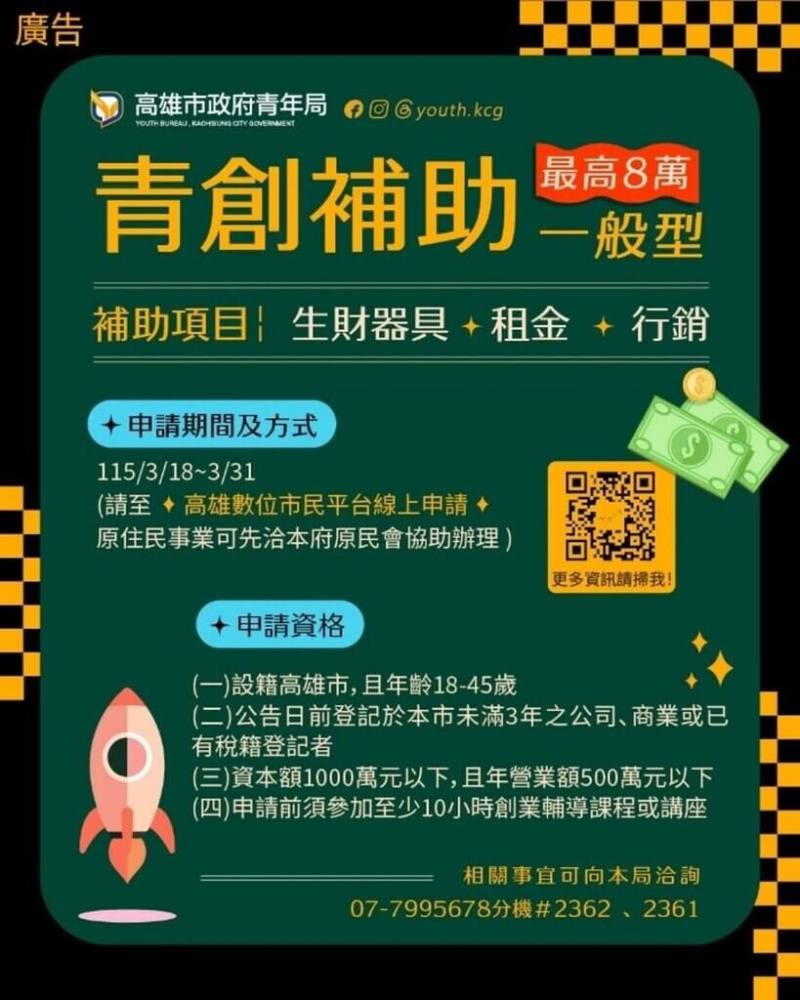 高雄市「一般型」青年創業補助計畫18日起開放申請，期限至31日，每案最高補助新台幣8萬元。（高雄市青年局提供）