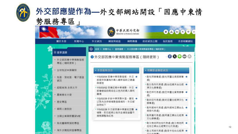 外交部網站開設「因應中東情勢服務專區」