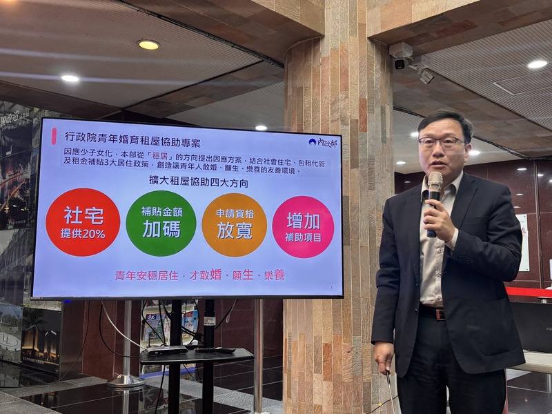 內政部國土署長蔡長展5日表示，為提供婚育家庭居住協助，預計至民國117年，會提供約4.2萬戶婚育宅及14萬戶家庭租金補貼加碼，共18萬戶婚育家庭可受惠，預計每年支出約新台幣38億元，將納入「百萬戶租屋家庭支持計畫」並報行政院核定。中央社記者高華謙攝