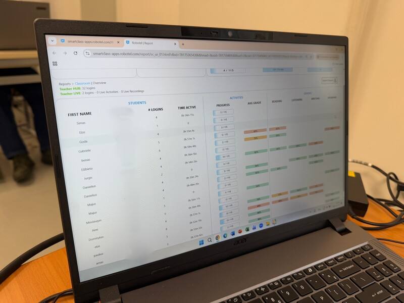 立陶宛某一學校使用的AI語言學習系統讓老師在平台上直接掌握每個學生的進度，也可以根據學生程度給出差異化的任務安排。圖為教師使用介面，顯示各個學生的資料。