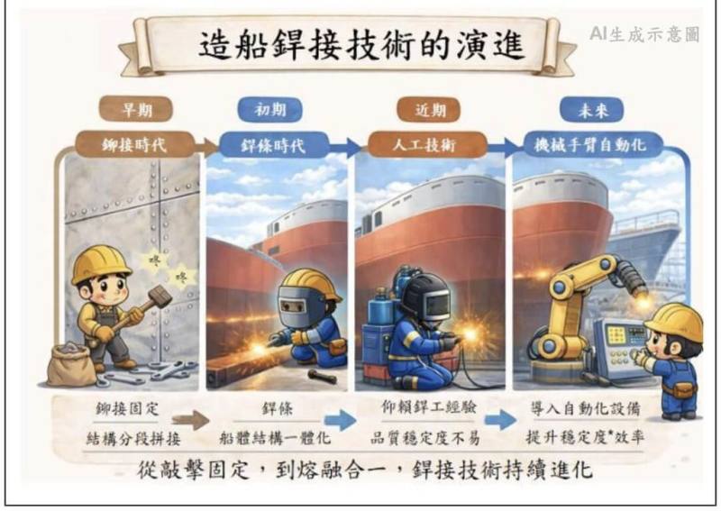 台船9日推出「造船電銲，打造海上巨獸的鋼鐵裁縫師」篇章，說明造船需拼湊成千上萬片鋼板，目前已導入AI演算法與銲接機器人，提高工作效率。（台船提供）