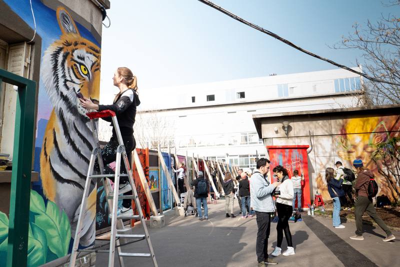 巴黎克里斯蒂諾賈西亞緊急安置中心原有一整排約40公尺長、2.5公尺高的圍牆。為改善嚴肅氛圍，3月8日國際婦女節期間，40多位女性塗鴉藝術家運用色彩與想像力，為中心增添新氣息。