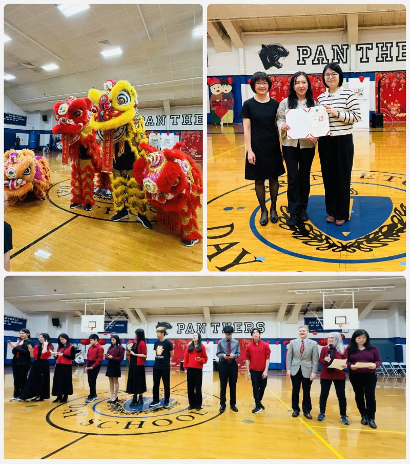 右上:紐約文教中心副主任王鈺淇(右)TCML頒發績優證書予TCML主任謝嘉文(中)和校長陳彥文(左)，表達祝賀與肯定。左上: 舞獅表演熱鬧登場。下: 高年級和TCML主持群。