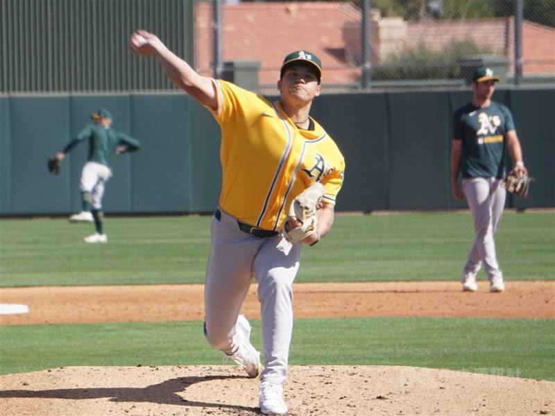 美國職業棒球奧克蘭運動家隊體系投手莊陳仲敖被美職大聯盟官網關注。（中央社檔案照片）