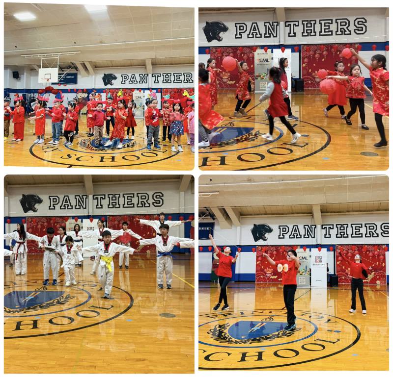 左上: 幼稚班帶來《萬馬奔騰賀新春》右上:民俗舞蹈班《燈籠舞新春》左下: 跆拳道班的《馬躍青雲 跆拳精神》右下: 扯鈴隊輪番登場，表演活潑精彩。