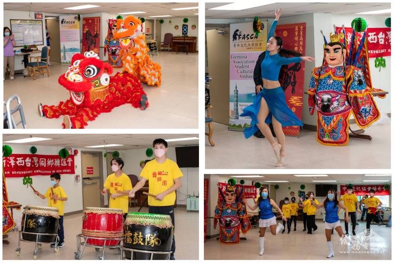 愛迪生中文學校舞獅（左上）擂鼓隊（左下）揭開序幕；林采純（右上）舞姿纖妙，斐莉姐妹（右下）熱舞