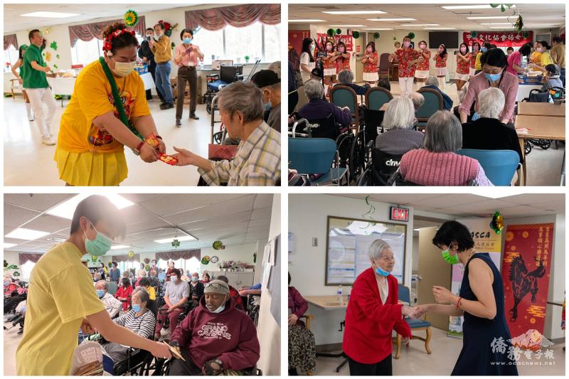 （左上）會長黃淑慧發送紅包；（左下）陳宥衡贈自製卡片；（右上）志工發放點心；（右下）耆老在志工攙扶下起身舞動