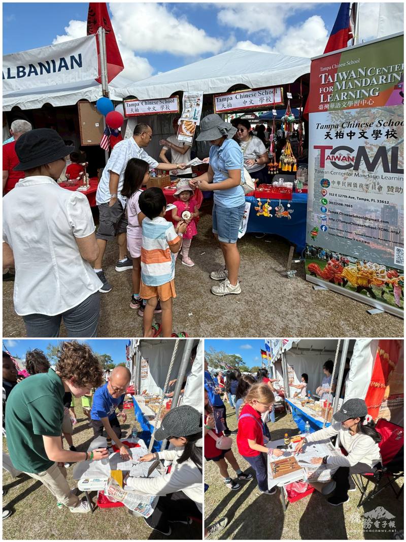 學校美食攤位與書法體驗攤位大排長龍