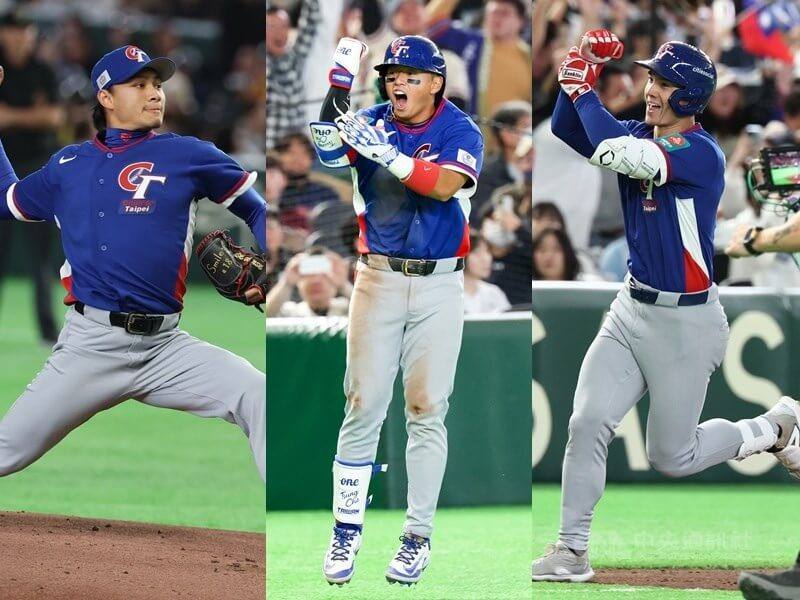 世界棒球經典賽（WBC）台灣隊球員徐若熙（左）、鄭宗哲（中）、費柴德（右）。（中央社檔案照片）